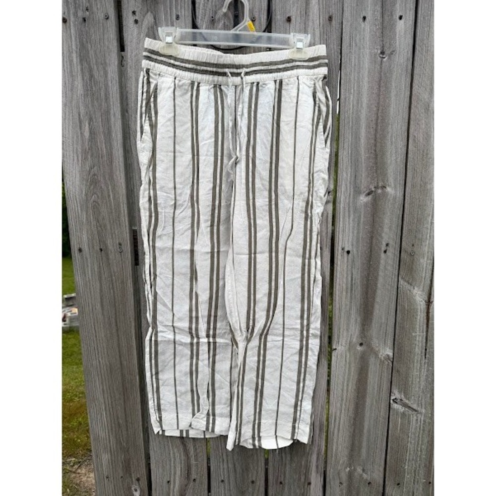 HM L.O.G.G. Women Green White Striped‎ Linen Blend Drawstring Wide Leg Pants 4